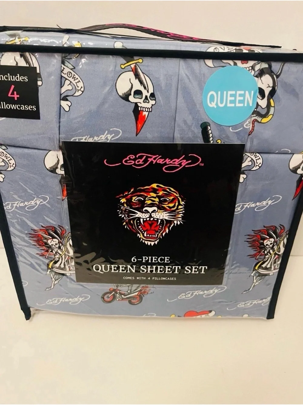Ed Hardy Blue 6 Piece Queen Size Sheet Set Motorcycles Skulls Love Kills Slowly